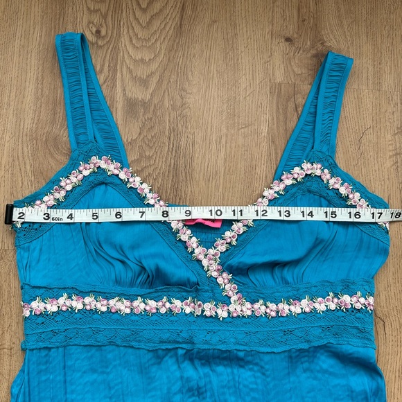 Betsey Johnson Teal Empire Waist Maxi Dress Floral Trim Size M - Picture 6 of 8